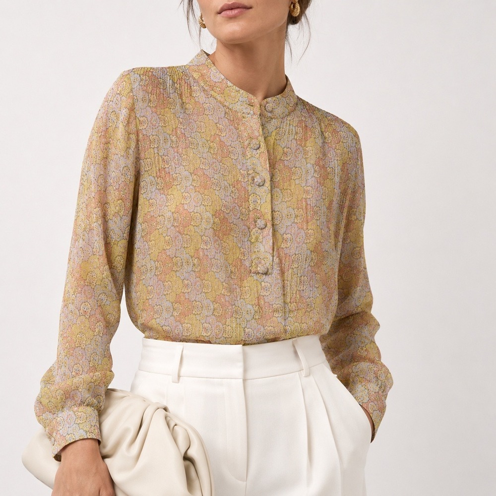 70s Vintage Sheer Floral Blouse Womens L Pastel Hal Ferman Band Collar Boho Top